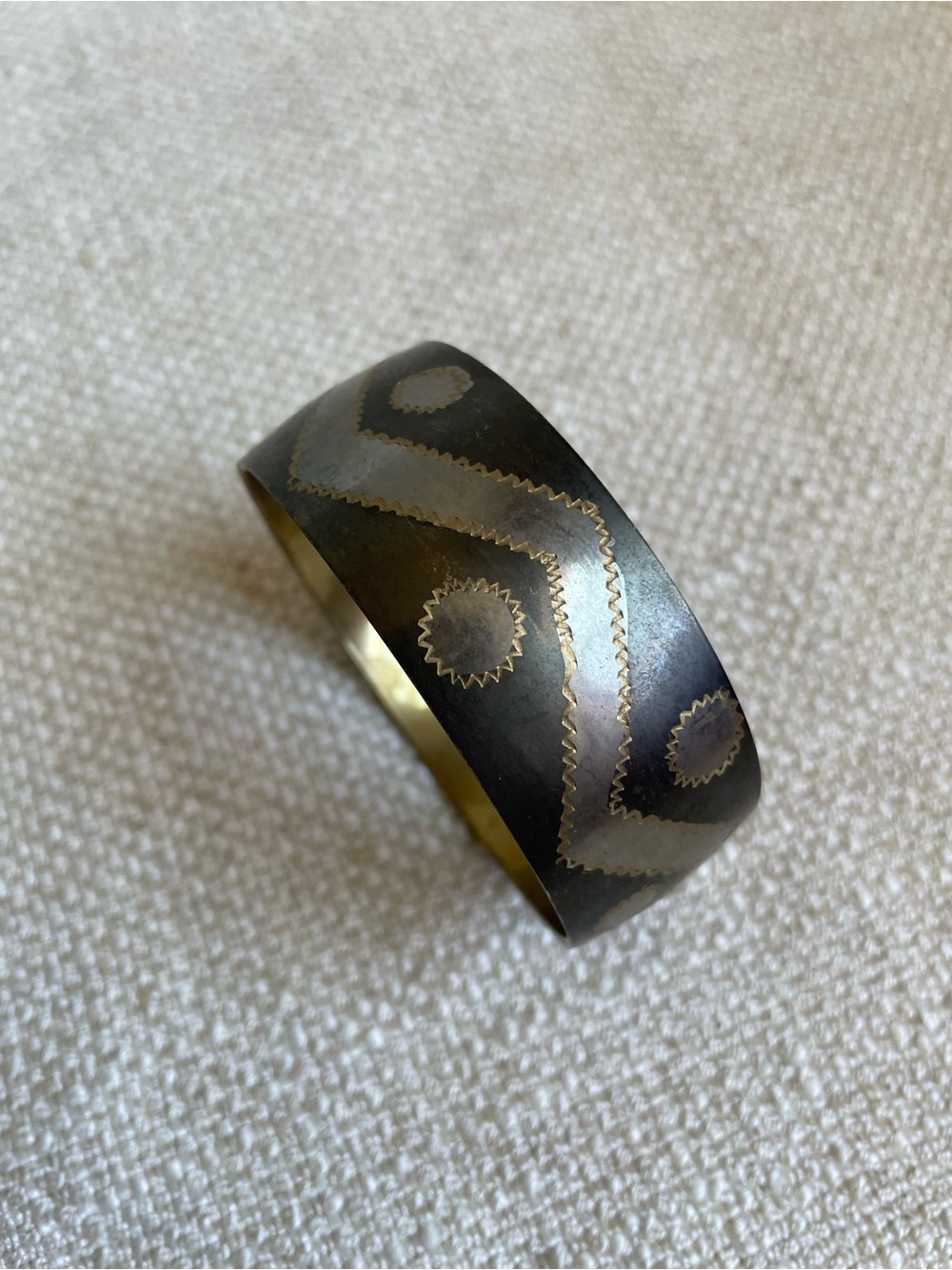 Artisan Brass Mixed Metals Inlay Mosaic Bangle Bracelet Sz 7